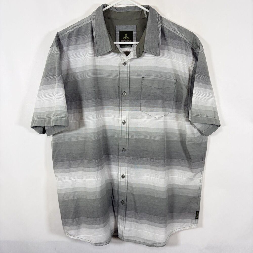 Prana Short Sleeve Button Up Shirt Mens Size XL Gray Striped Pocket Logo